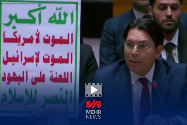 نماینده اسرائیل در جلسه شورای امنیت، پرچم انصارالله یمن را بالا برد!