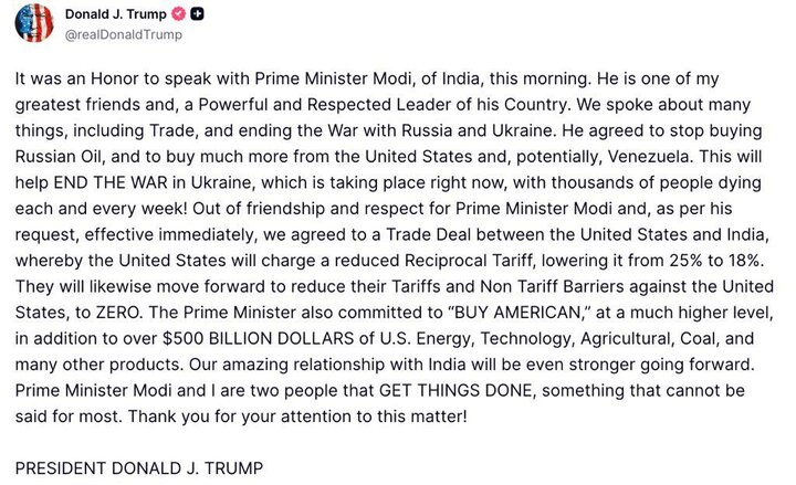 ترامپ: هند موافقت کرد از روسیه نفت نخرد؛ کاهش تعرفه دهلینو به ۱۸ درصد