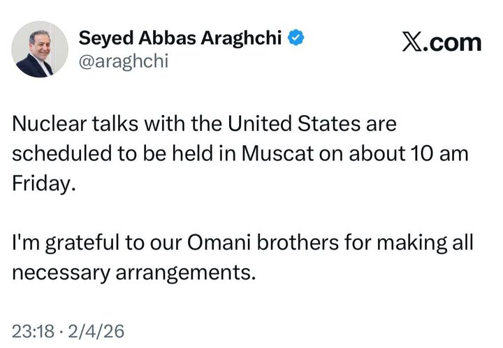 Araghchi says nuclear talks with US slated for Friday in Oman
