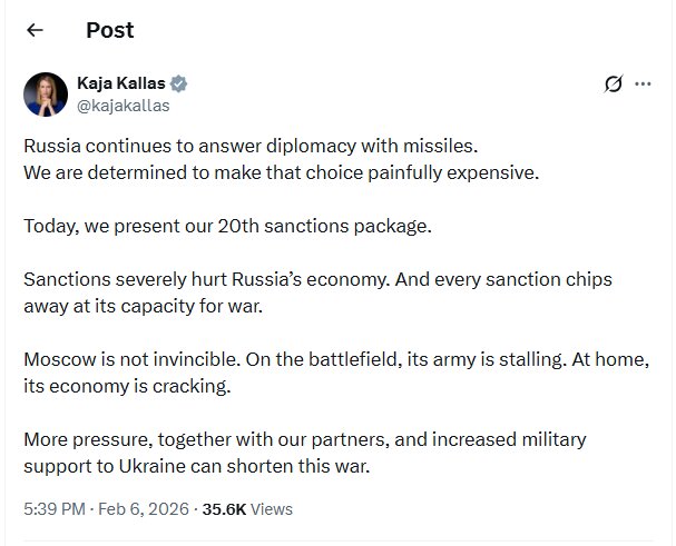 موضع «کایا کالاس» درباره بیستمین بسته تحریم‌های ضدروسی