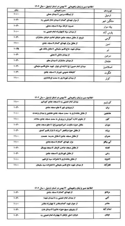 زمان و مسیر راهپیمایی یوم‌الله ۲۲ بهمن در اردبیل مشخص شد