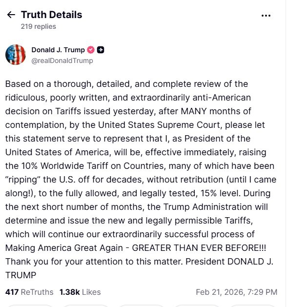 ترامپ: تعرفه واردات از همه کشورها به ۱۵ درصد افزایش یافت