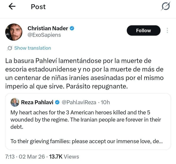 واکنش‌های جهانی به توییت پرسروصدای پهلوی؛شباهت عجیب به یک خوک آمریکایی