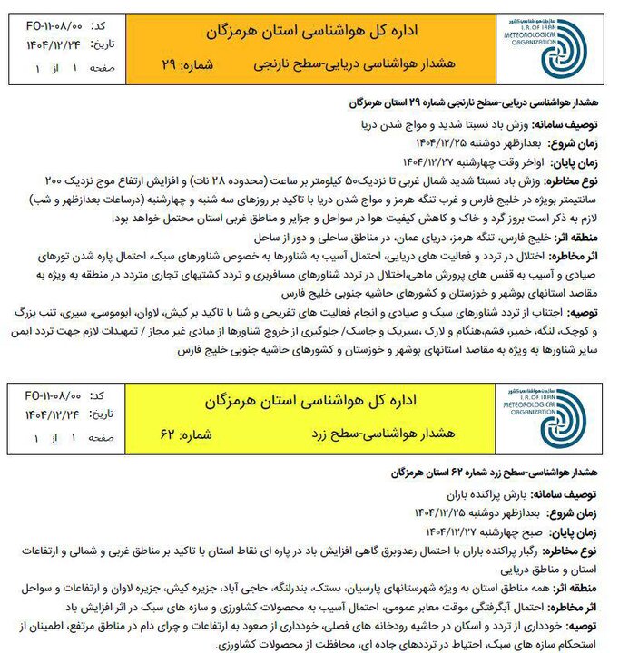 هشدار سطح نارنجی دریایی و هشدار سطح زرد هواشناسی در هرمزگان