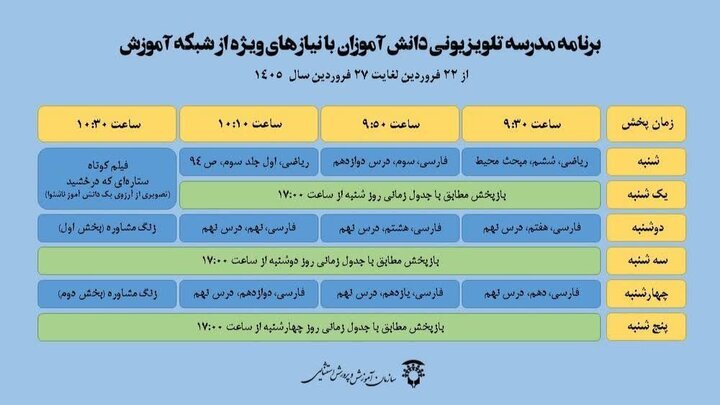 اعلام جدول پخش مدرسه تلویزیونی دانش‌آموزان تا ۲۷ فروردین