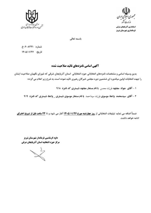 اعلام اسامی نامزدهای انتخابات مجلس خبرگان رهبری در آذربایجان‌شرقی