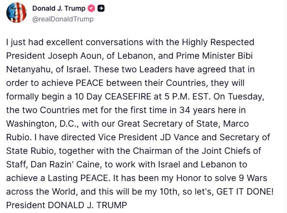 ترامپ برقراری آتشبس ۱۰ روزه در لبنان را اعلام کرد