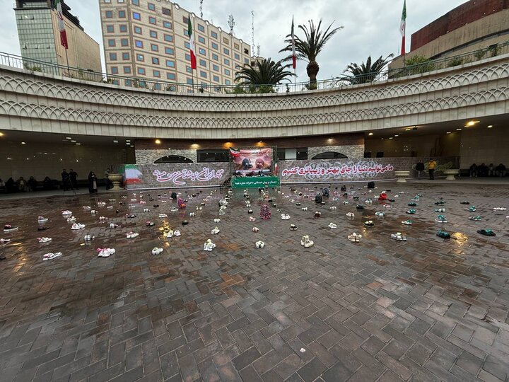 چیدمانی نمادین برای گل‌های پرپرشده میناب؛ جای یک کفش خالی‌ست!