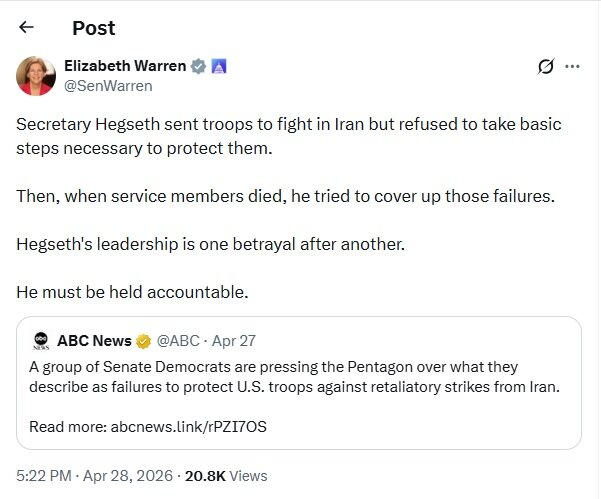 سناتور وارن: وزیر جنگ آمریکا باید پاسخگوی شکست‌هایش در جنگ ایران باشد