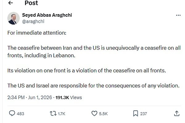 Araghchi warns US over breaches of ceasefire in Lebanon