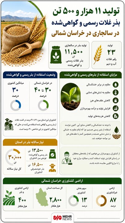 اینفوگرافیک ؛ تولید ۱۱ هزار و۵۰۰ تن بذر غلات رسمی در خراسان شمالی