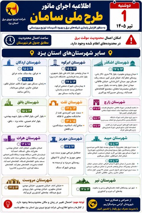 اعمال محدودیت‌های موقت برق در ۱۱ شهرستان استان یزد