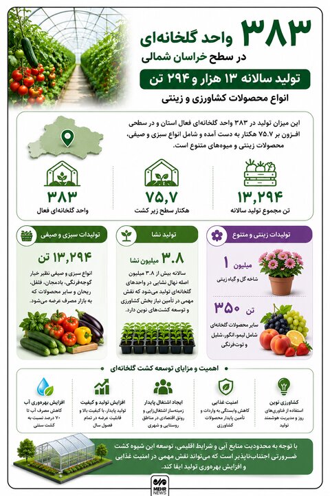 اینفوگرافیک؛ فعالیت ۳۸۳ واحد گلخانه‌ای در سطح خراسان شمالی