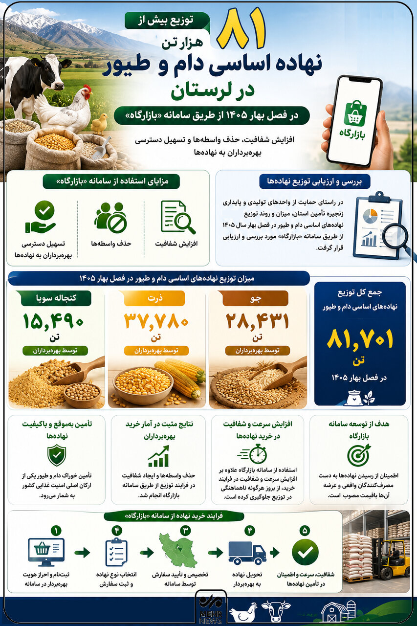 اینفوگرافیک؛ توزیع بیش از ۸۱ هزار تن نهاده دام و طیور در لرستان