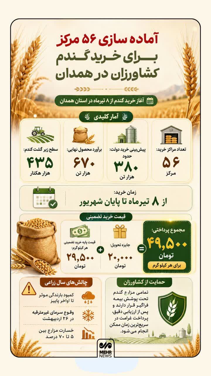 اینفوگرافیک؛ آغاز خرید گندم کشاورزان همدانی در ۵۶ مرکز