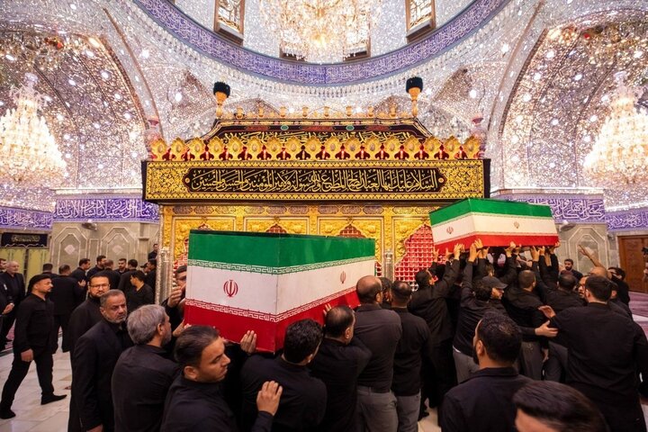 تصاویری از پیکرهای مطهر خانواده امام شهید، در جوار ضریح مطهر حضرت ابالفضل العباس (علیهالسلام)