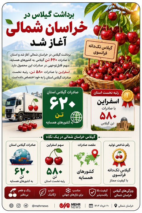 صادرات ۶۲۰ تن گیلاس خراسان شمالی به کشورهای همسایه