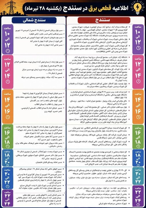 اعلام برنامه خاموشی برق سنندج برای امروز یکشنبه