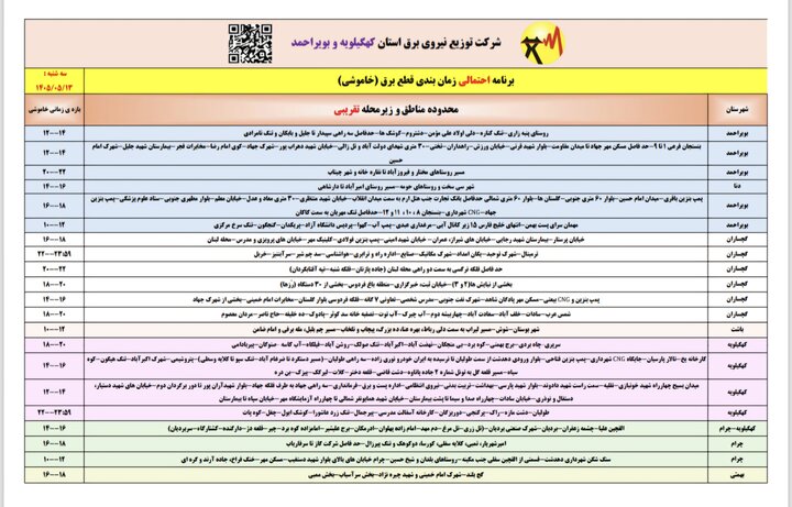 خاموشی با برنامه برق در کهگیلویه و بویراحمد