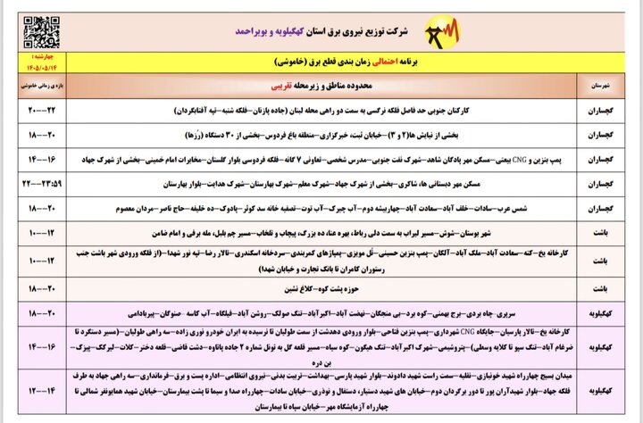خاموشی با برنامه برق در کهگیلویه و بویراحمد