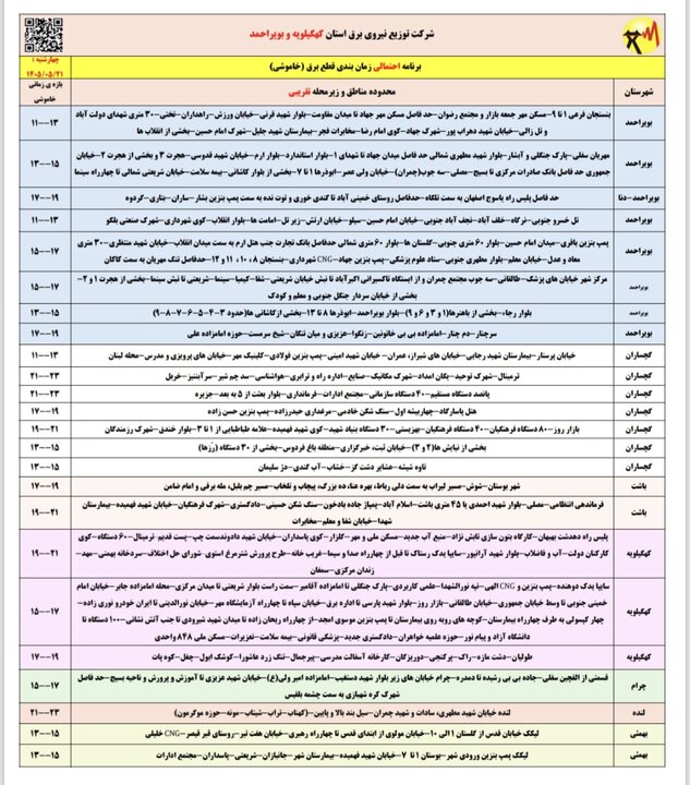 خاموشی با برنامه برق در کهگیلویه و بویراحمد