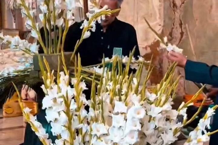 آماده‌سازی گل‌ها و گل‌آرایی برای مراسم خطبه خوانی شب شهادت امام رضا(ع)