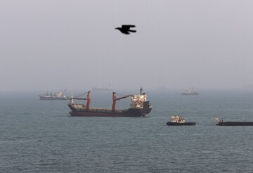 Ships anchored in the Strait of Hormuz off the coast of Bandar Abbas in Iran. Shipping through the strait has been greatly curtailed because of the war