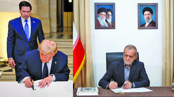 President Masoud Pezeshkian (R) in Tehran and Donald Trump in Paris signing MoU, June 18, 2026