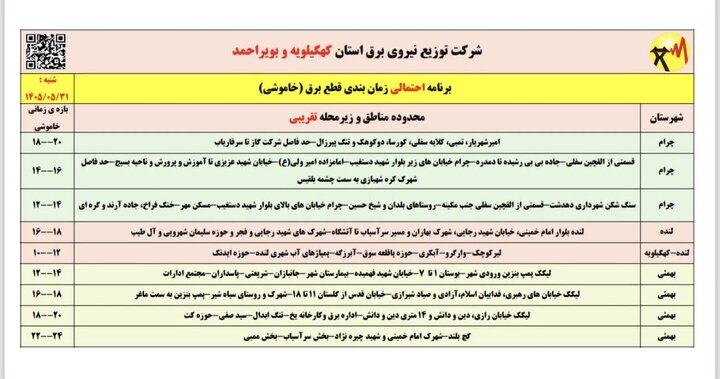 خاموشی با برنامه برق در کهگیلویه و بویراحمد