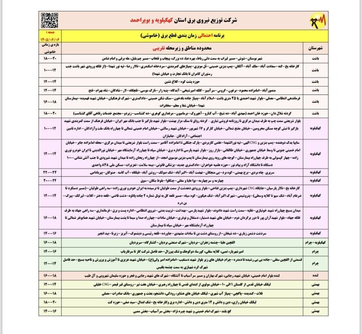 خاموشی با برنامه برق در کهگیلویه و بویراحمد