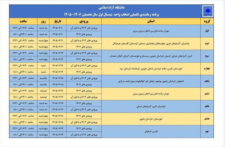 زمان‌بندی انتخاب واحد نیم‌سال اول  دانشگاه آزاد اسلامی اعلام‌ شد