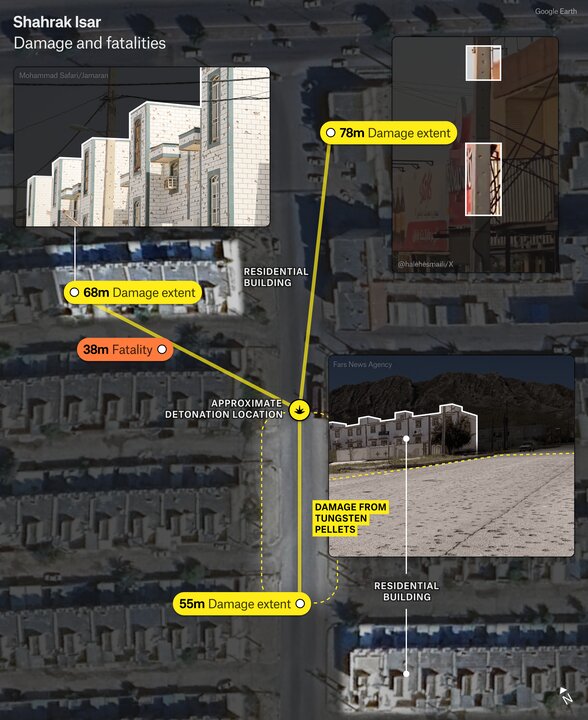 Which American weapon — and how — caused the Lamerd massacre on the first day of the attack on Iran?