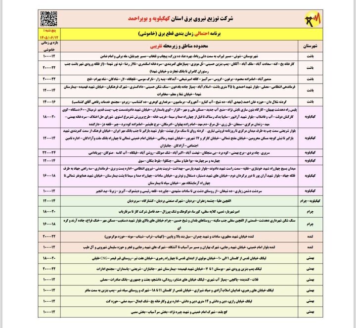 خاموشی با برنامه برق در کهگیلویه و بویراحمد