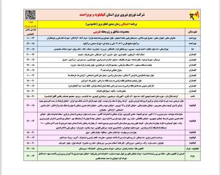 خاموشی با برنامه برق در کهگیلویه و بویراحمد