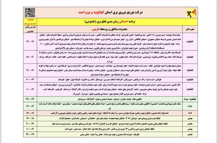 خاموشی با برنامه برق در کهگیلویه و بویراحمد