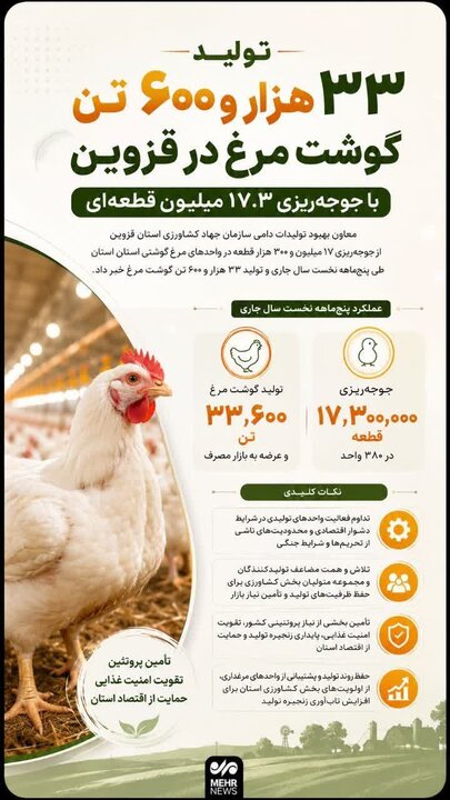 اینفوگرافیک؛ تولید ۳۳ هزار و ۶۰۰ تن گوشت مرغ در قزوین