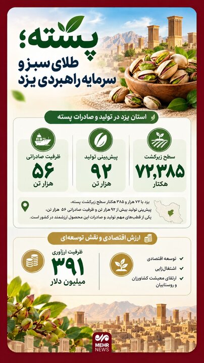 اینفوگرافیک؛ پسته یزد طلای سبز کویر با ظرفیت ۳۹۱ میلیون دلار ارز آوری