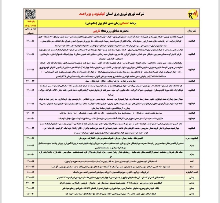 خاموشی با برنامه برق در کهگیلویه و بویراحمد