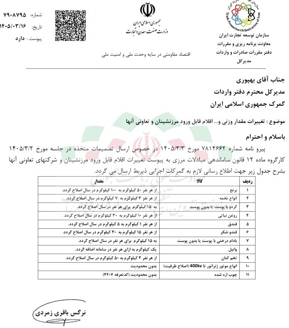سهمیه واردات برنج مرزنشینان ۲ برابر شد؛ واردات ژنراتور آزاد شد