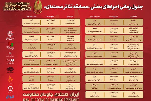 انتشار جدول اجرای آثار بخش «مسابقه تئاتر صحنهای» جشنواره تئاتر مقاومت انتشار جدول اجرای آثار بخش «مسابقه تئاتر صحنهای» جشنواره تئاتر مقاومت