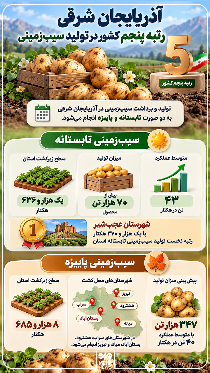 اینفوگرافیک؛ آذربایجان شرقی رتبه پنجم کشور در تولید سیب‌زمینی