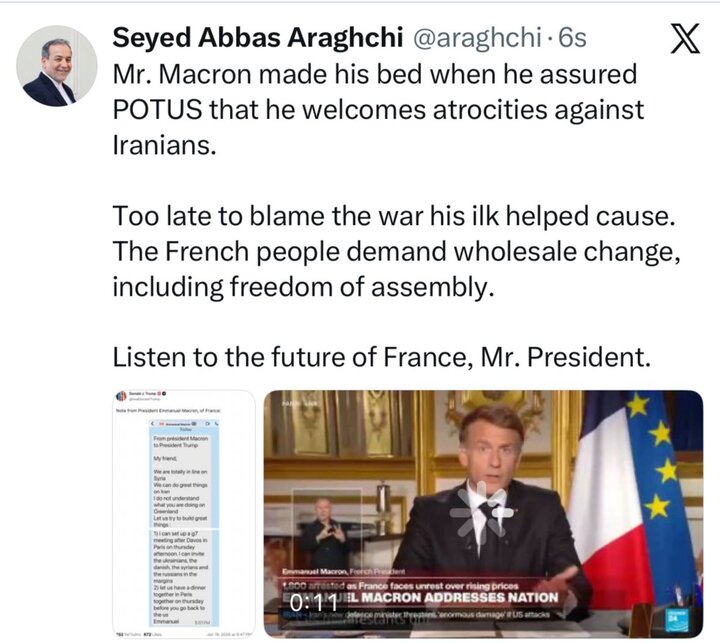 Iran's FM Araghchi urges Macron to listen public demand