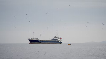 A vessel at the Strait of Hormuz, off the coast of Oman’s Musandam province, April 12, 2026.